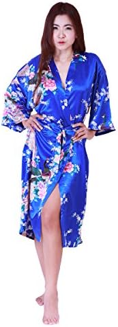 AromD Women's Kimono Robe, Peacock &amp; Blossom Design (blue)