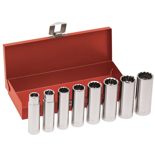 Klein Tools 65514 1/2-Inch Drive Socket Wrench Set with Hex Drive and Deep Sockets in SAE Sizes, Case Included, 8-Piece