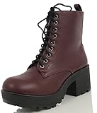 Soda Women's Magpie Faux Leather Lace-Up Combat Mid Heel Military Ankle Boots