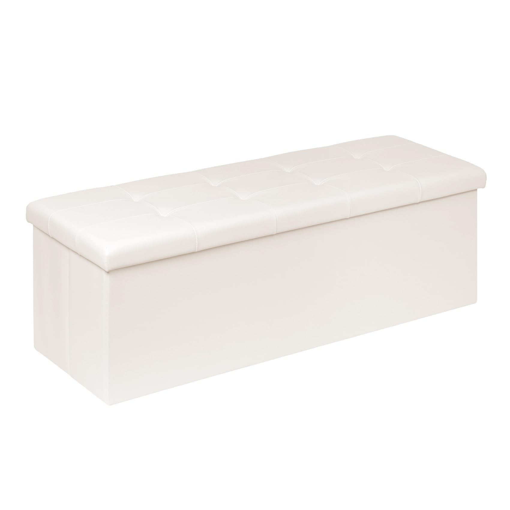Bonlife Folding Ottoman Storage Bench, Kids Toy Box, Foot Stool Faux Leather Extra Large Storage boxes with Lid,White,110 x 38 x 38 cm