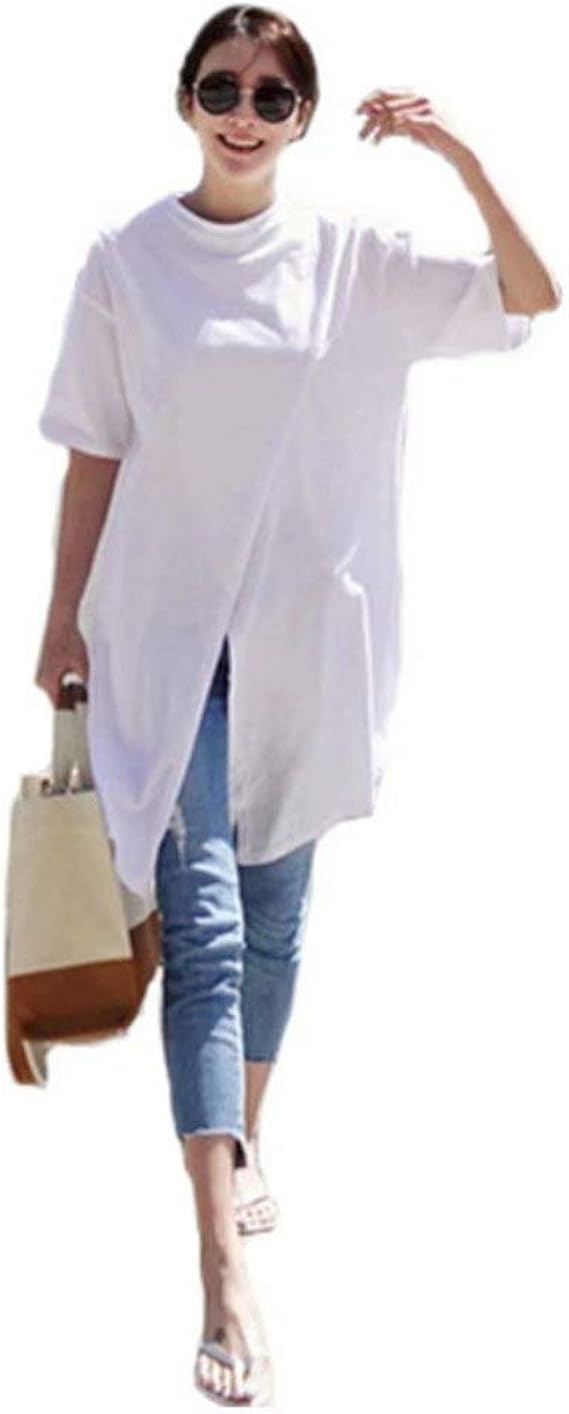 Amazon Tシャツ 白 レディース ロング ゆったり 半袖 韓国風 ファッション トップス ブラウス シャツ カットソー カジュアル 大人 夏服 大きいサイズ Tシャツ カットソー 通販