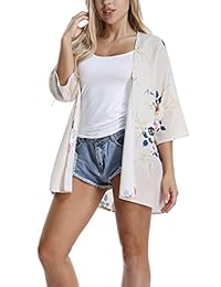 kigod Women's Flowy Chiffon Kimono Half Sleeve Floral Print Casual Cardigan Cape Tops