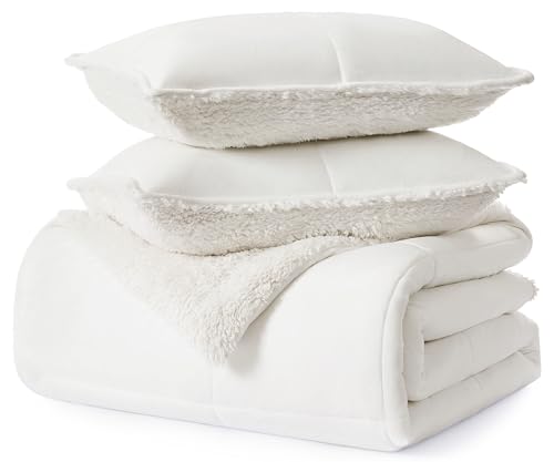 UGG Blissful Comforter Set with 2 Pillow Shams Reversible White Comforter Plush Fluffy Warm Bed Set Premium Hypoallergenic Down Alternative Bedding Breathable, King/California King, White Snow