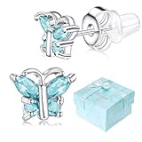 Buyless Fashion Surgical Steel Rhodium Plated Butterfly Shape Cubic Zirconia Birthstone Earrings-March Butterfly
