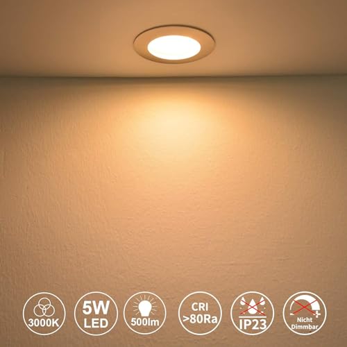 HiBay Set of 6 Recessed LED Spotlights 230V 5W Mini Spot Ultra Flat 60mm-68mm Round Module Ceiling Light Warm White 500LM for Bathroom, Kitchen, Office, Hallway, Wet Room