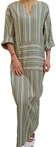Simgahuva Womens Linen Maxi Dress Cotton Stripes Shift Dresses Plus Size with Pocket