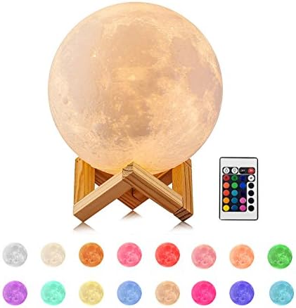 3D Printed Moon Lamp, MAOBEN Remote Control 16 Colors Moon Night Light USB Charging Wooden Base with Touch and Remote MoonLight Valentine's Decoration (5.9inch/15cm)