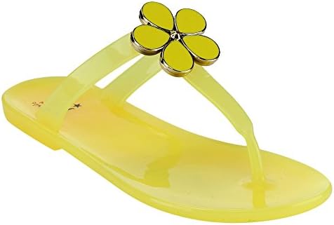 Olivia Miller Girl OMF-1017 Girl's Flower Accent T-strap Flat Jelly Thong Sandal, Color:YELLOW, Size:4 M US Big Kid