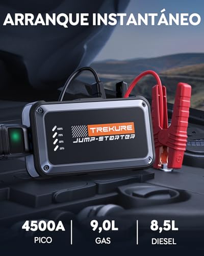 TREKURE Arrancador de Batería de Auto 4500A, Arrancador de Batería Portatil de hasta 9.0L Gasolina y 8.5L Diésel, Puerto USB-C, Luz LED 4 en 1 y Protección Inteligente