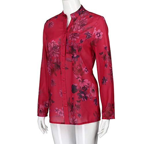 ANJUNIE Women Flower Printing Blouse with Pocket,Long Sleeves Notch Neck Tunic Top Shirt(Red,L)