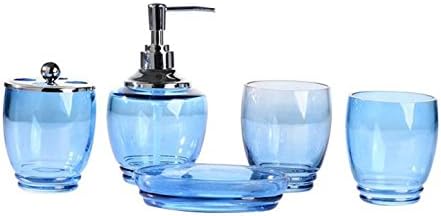 Leop Modern Decorative Five Pieces Bathroom Accessory Set Soap Dish Lotion Pump Dispenser Tumbler Toothbrush Holder Glass Blue