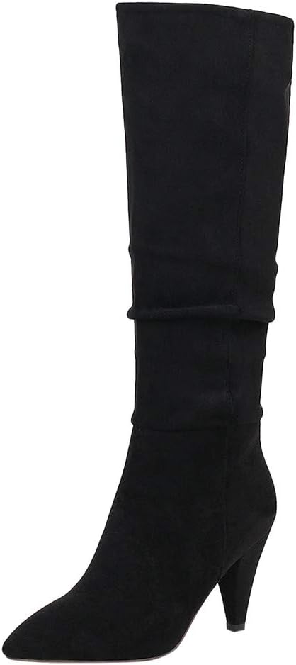 Womens Pointed Toe High Heel Long Boots Ladies Solid Color Knee-High Boots Shoes Cowboy Riding Boots Keep Warm Shoes(Black,Brown,)