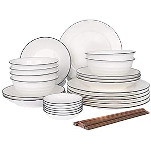CSYY Vajilla de cerámica, 30 Piezas Vajilla para 6 Personas Vajilla Redonda de Primera Calidad con Cuencos Platos de Cena Cuencos para Salsa y Palillos Blanco