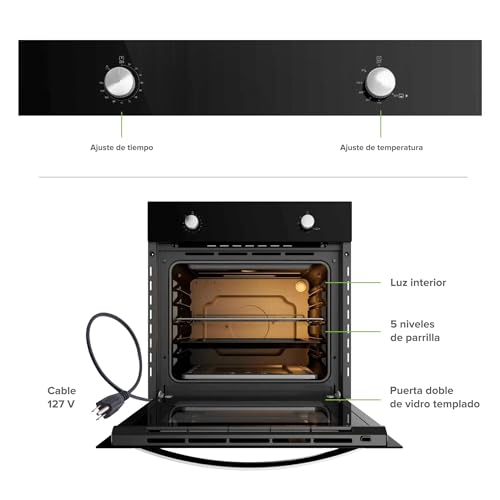 AVERA Horno empotrable para Gas Natural, 58 Litros, 60 cm, Control de temperatura 130° - 250°C, Temporizador 90 min, Luz interior, Encendido eléctrico 127V, Funciones Hornaer y Asar | HE00NAT