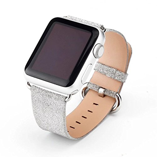 Apple Watch Bands, Genuine Leather Flashes Strap WristBand with Silver Adapters for Apple Watch/ Sport/ iWatch Replacement Band with Metal Clasp in Edition 38mm(Silver Bling)