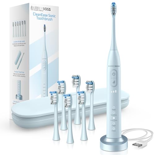 BarberBoss Sonic Toothbrush for Adults, Rechargeable Electric Toothbrush with 5 Cleaning Modes, 3 Intensity Levels, Smart Pressure Sensor, Timer & 6 Dupont Brush Heads, QR-7304 (Sky Blue)