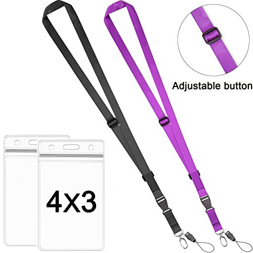 Lanyard Adjustable with ID Badge Holder Black Purple Office Safety Cruise lanyards Neck Quick Release lanard for Women Men Keys Vertical Waterproof Zipper Card Large 4x3 Name Badges Holders 2 Pack