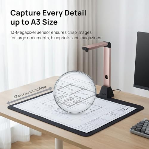 Venkillian A3 Portable Document Scanner: 13MP High Definition Multi-format with OCR 130 Languages Curve Flattening Windows (Not Compatible with Mac) USB for Home Office Business and Education