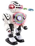 Android Battery Operated Disc Shooting Toy Robot Walking, Flashing Lights, Talking, Spinning, Disc Shooting Toy Robot (White)