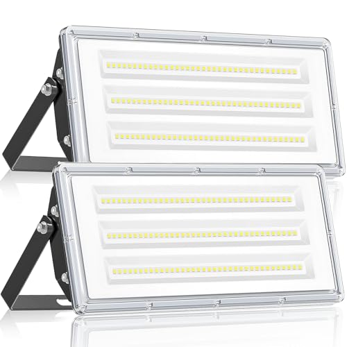 YIQIBRO Outdoor LED Spotlights 100 W 2 Pieces, 10000 LM 6500 K Cool White Outdoor Light with 105 LEDs, IP67 Waterproof 85-265 V LED Lamp with Transformer for Garden Garage Hotel Factory Stadium