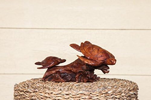 Hawaiian Wooden Mother (5.9-Inch) and Child (4.3-Inch) Sea Turtle Statues Sculptures Honu Shipped from Hawaii - Wealth and Good Luck Home Décor Table Top Center Piece (NF76)