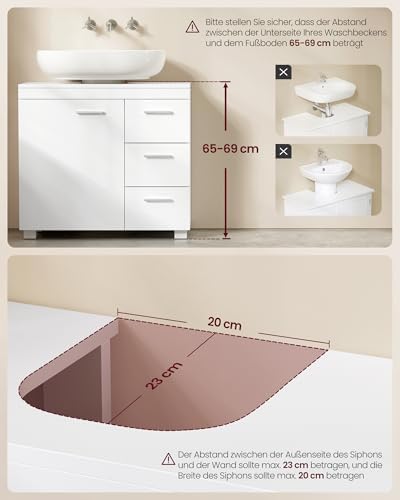 Waschbeckenunterschrank, Badezimmerschrank, 3 große Schubladen, 30 x 70 x 64 cm, 2 Fächer, auch für Waschbecken mit Beckensäule, Badezimmer-Unterschrank mit Füßen, wolkenweiß BBK504W01