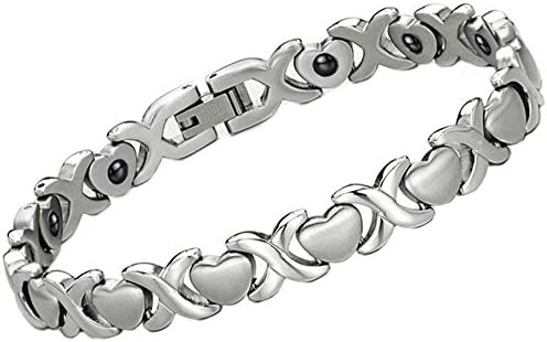 Casoty Jewelry Womens Stainless Steel Energy Magnetic Stones Heart Design and Cross Shaped Bracelet Band