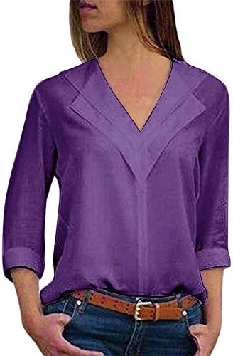 HETde Womens Chiffon Blouses V Neck Long Roll Sleeve Tops Casual Solid Color Tees Long Sleeve Loose Shirt Blouse Tops