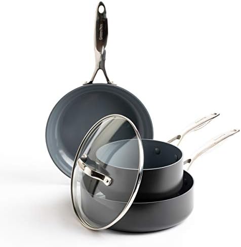Greenpan Valencia Pro 硬質陽極酸化 Ih安全 健康的 セラミック 焦げ付き防止 グレー 調理器具 鍋とフライパンセット 4点