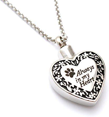 Zahara Pet Memorial Urn Necklace (20 Inches) with Velvet Pouch & Fill Kit | Always in My Heart Paw Pendant and Chain (Nickel Free)