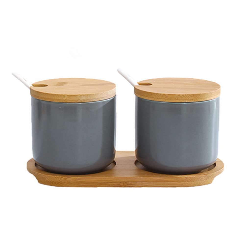 OnePine Set of 2 Sugar Bowl, 260ml Ceramic Spice Jar Salt Container with Lid and Spoon for Home and Kitchen