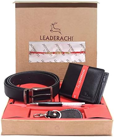 LEADERACHIRaksha Bandhan Combo-Black Full Grain Leather RFID Blocking Bi fold Wallet & Leather Belt with Leather Key Ring & Metallic Black Pen with Rakhi Combo Gift Box for Men.(RAKHI-WKPB-8014BK)