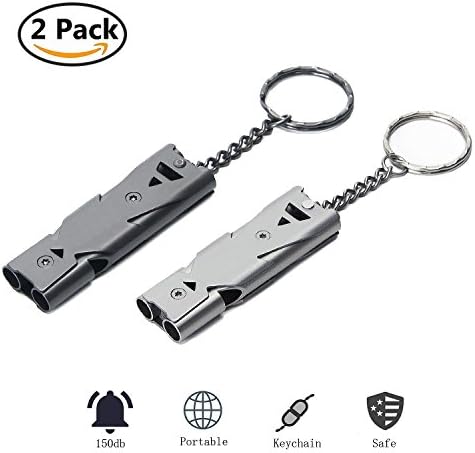 Outdoor Survival Signal Whistle Double Tubes Stainless Steel Emergency Whistle, Life Saving Whistle Key Chain for Camping/Hiking