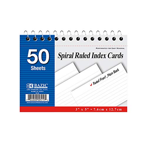 Spiral Bound 3 Inch X 5 Inch Ruled White Index Card - 50 Ct, 6 per Pack, Sold as 18 Pack