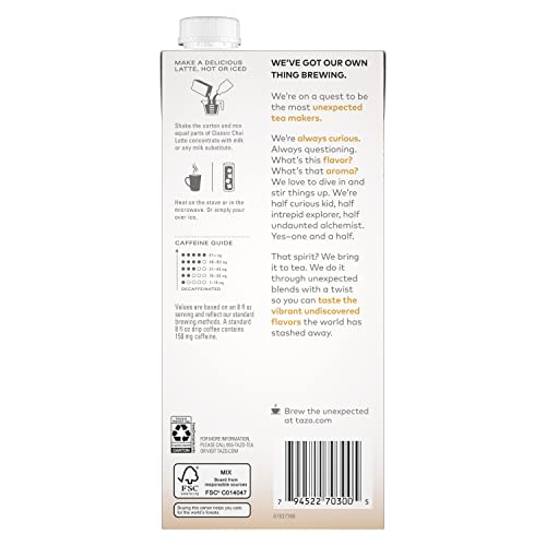 TAZO CLASSIC CHAI LATTE, BLACK TEA CONCENTRATE, EASY-TO-SERVE CAFFEINATED CHAI TEA FOR EVERYDAY LATTES, MOCKTAILS AND HOT OR ICED, 32 OZ CARTON