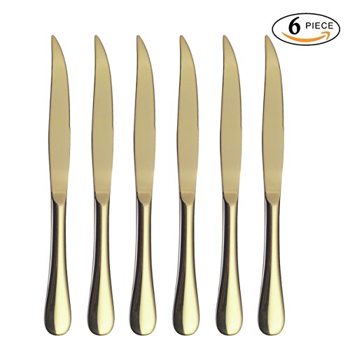 Steak Knife Set, Onlycooker Heavy Duty Knives Stainless Steel 6 Piece 9-inch Table Flatware Silverware Dishwasher Safe Use for Home Kitchen or Restaurant (Gold)