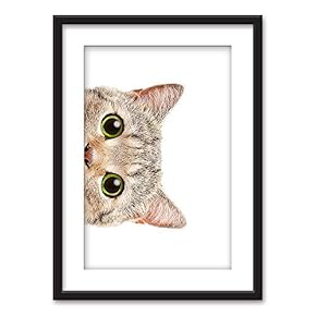 Framed Wall Art - A Curious Cat - Black Picture Frames White Matting - 23x31 inches