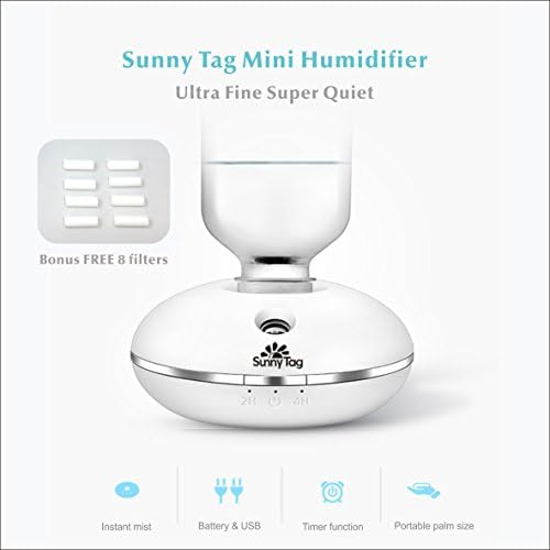 Sunny Tag Mini Humidifier Ultra Fine Mister with Bottled Water | Palm Size for Office Car Home USB &amp; Battery Operated Portable Travel | 8 FREE Filters | White