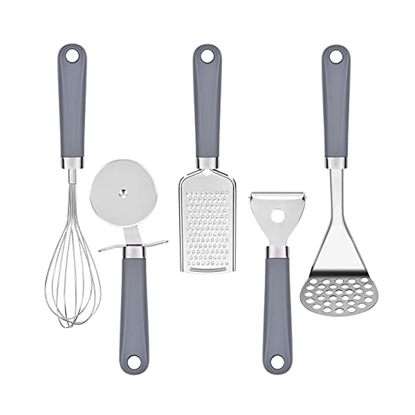 Uarter Kitchen Utensil Sets 5 Pcs - Kitchen Tools Essentials Gadgets - Cookware Gadgets/Accessories with Potato Masher | Peeler | Cheese Grater | Whisk | Pizza Cutter - Cooking Utensils for Daily Use