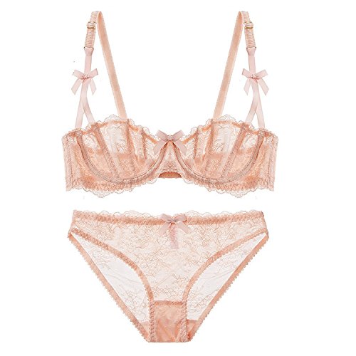 Ultrathin Lingerie Set Plus Size Bras A B C Cup Transparent Women Underwear Embroidery Bow,Pink,80D