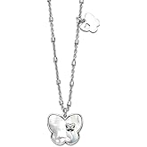 925 Sterling Silver Rhodium Plate Mother of Pearl Butterfly Angel Wings With 1 Inch Extension Necklace 15.5 Inch 13.22mm Wide Pendant Necklace for Women