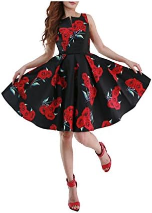 Sleeveless floral rose print pleated swing dress with a bow waistband ( SMALL )