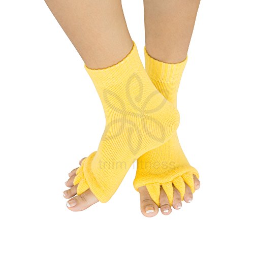 Triim Fitness Toe Separator Yoga Gym Sports Massage Socks for Foot Alignment, Great for Sore Feet and Diabetics with Free Exercise Guide! (Yellow)