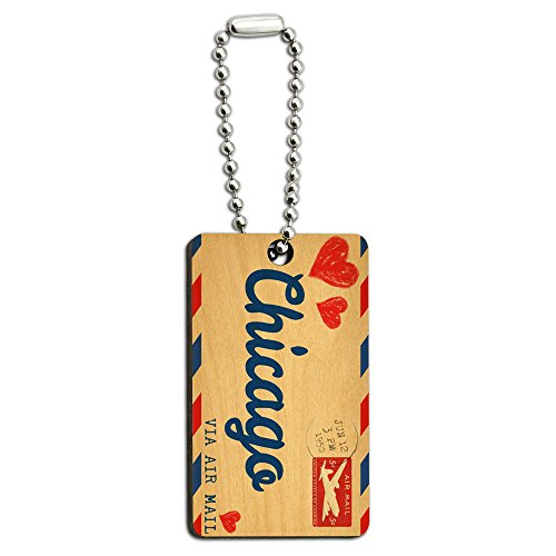 Air Mail Postcard Love for Chicago Wood Wooden Rectangle Key Chain
