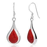 925 Sterling Silver Inlay Puffed Teardrop Shaped Turquoise, Abalone, Red Coral Dangle Earrings 1.4