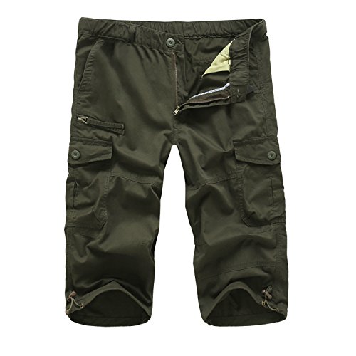 EKLENTSON Men's 3/4 Pants Capri Pants for Men Relaxed Fit Military Shorts Olive Green - Thumbnail 3