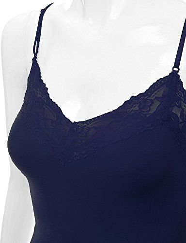 RT1004 Ladies Adjustable Spaghetti Strap Lace Trim Long Tunic Cami Tank Top Navy M