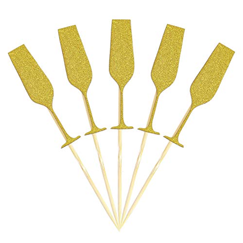 Monrocco 25 Pack Champagne Glasses Cupcake Toppers Cheers Cupcake Topper DIY Cupcake Decoration Cake Picks Dessert Decoration Party Birthday Decor