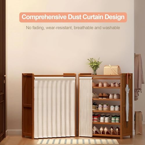 6 Tier Shoe Storage Cabinet Freestanding Wooden Shoe Rack with Dustproof Cover Organizer Bamboo Multi-Function Storage Shelf, Wood-Made Home House Office Furniture, Boots Stand/For Entryway