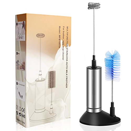 Click Here to See More Images Ucio Milk Frother Handheld Battery Operated Electric Foam Maker For Latte, Coffee, Cappuccino, Hot Chocolate, Durable Drink Mixer With Stainless Steel Double Spring Whisk Head, Stand and Brush Include